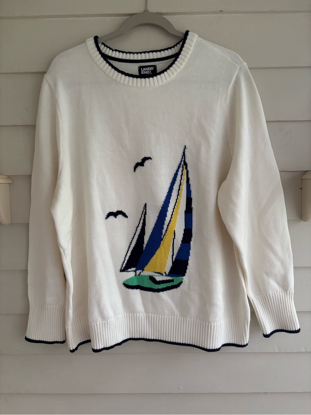 Lands' End Plus Size 2X Cotton Drifter Sailboat Crewneck Sweater Ivory NWT - Picture 6 of 12